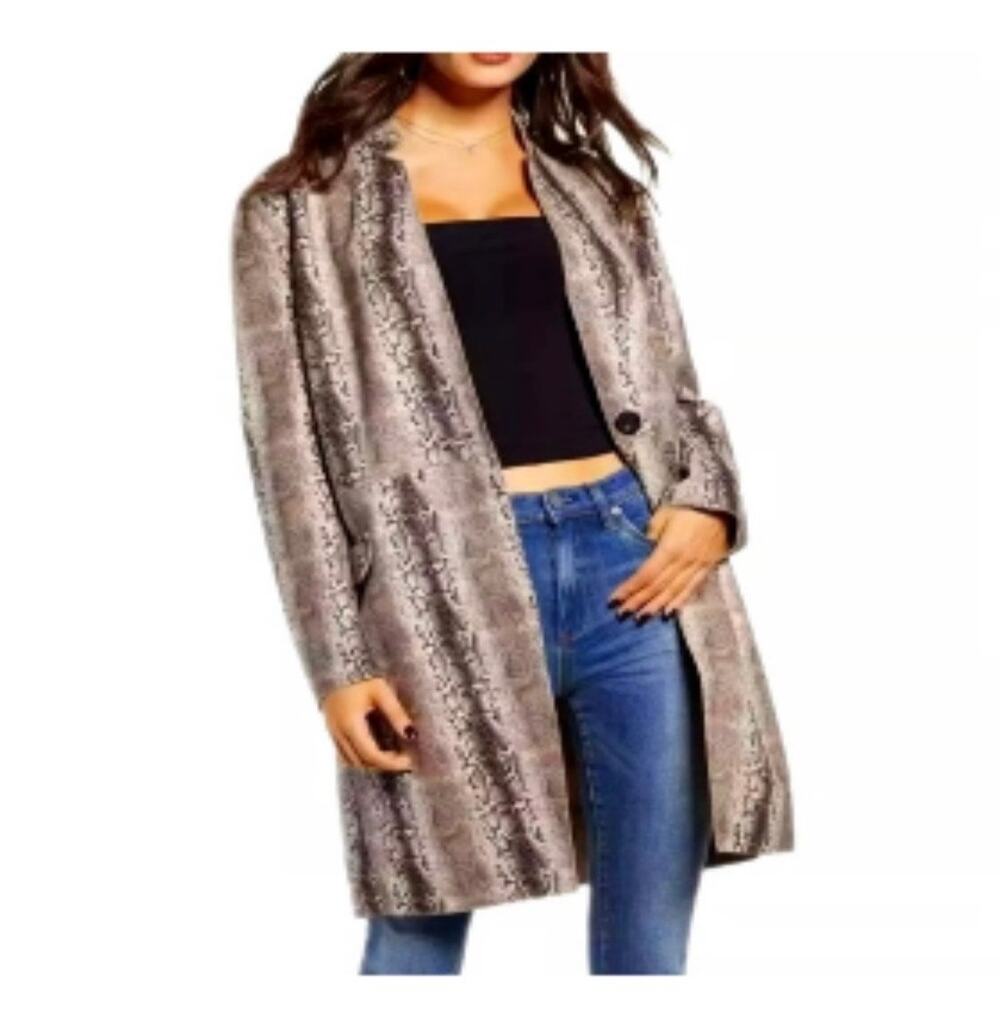 Blank NYC. Brown Tan Faux Fur Suede Snakeskin Animal Print Duster Trench Coat